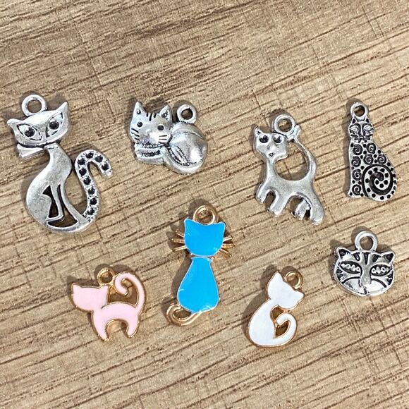Cat Charms Silver Tone Kitten Enamel Cat Lover Jewelry Scrapbook Craft Kitty - Picture 1 of 8